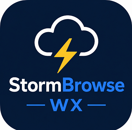 StormBrowse WX features a sleek, modern app icon with a bold yellow lightning bolt striking out of a clean white storm cloud, all set against a deep, dark sky-blue background. It is designed to look sharp, high-tech, and ready for action on any smartphone screen.