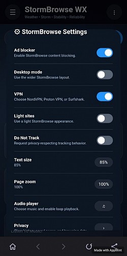 Settings Menu Of StormBrowse