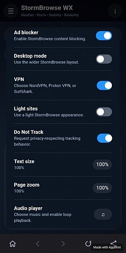 Settings Menu Of StormBrowse